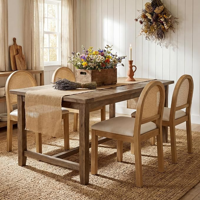 Upholstered Rattan Dining Chairs Set of 4, Farmhouse Solid Wood Dining Room Chair with Natural Ra... | Amazon (US)