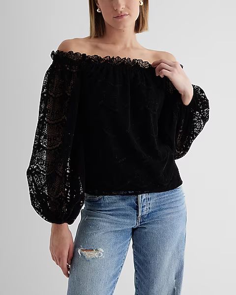 Velvet Lace Ruffle Neck Off The Shoulder Balloon Sleeve Top | Express