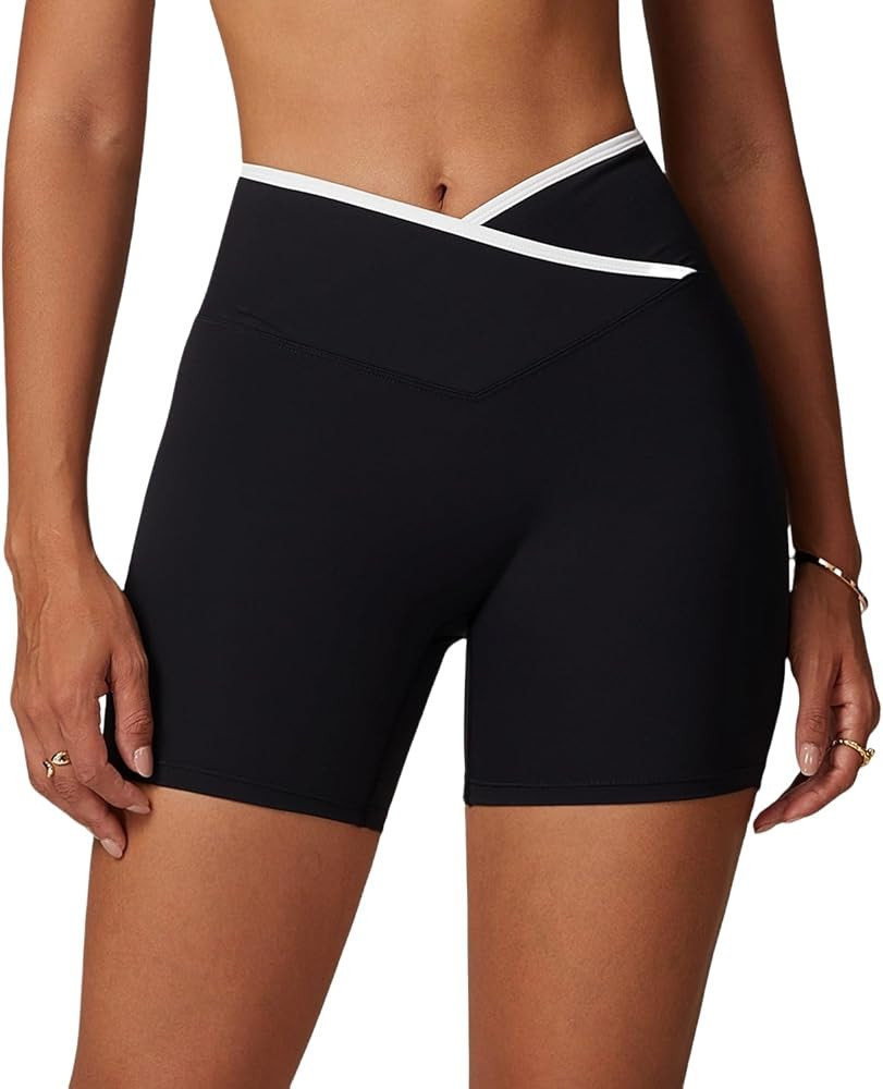 Yknktstc Women Crossover Athletic Shorts Colorblock Crossover High Waist Active Yoga Workout Gym ... | Amazon (US)