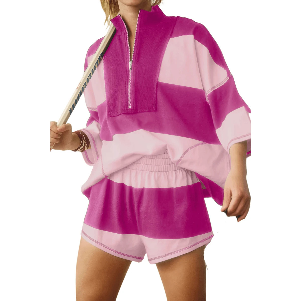 Antnation Womens Striped Two Piece Workout Set Oversized Quarter Zip Top Shorts With Pockets Outf... | SHEIN