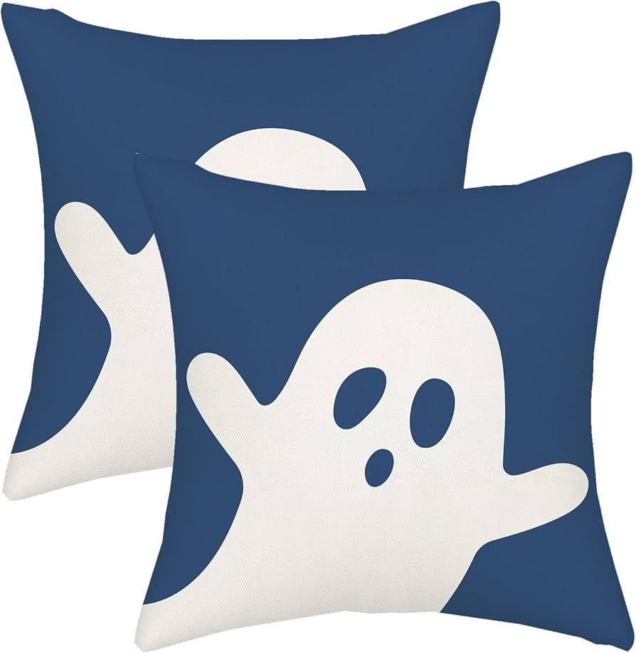 AGAYNA Halloween Pillow Covers 18x18 Navy Blue and White Ghost Decor Throw Pillows Case for Couch... | Amazon (US)