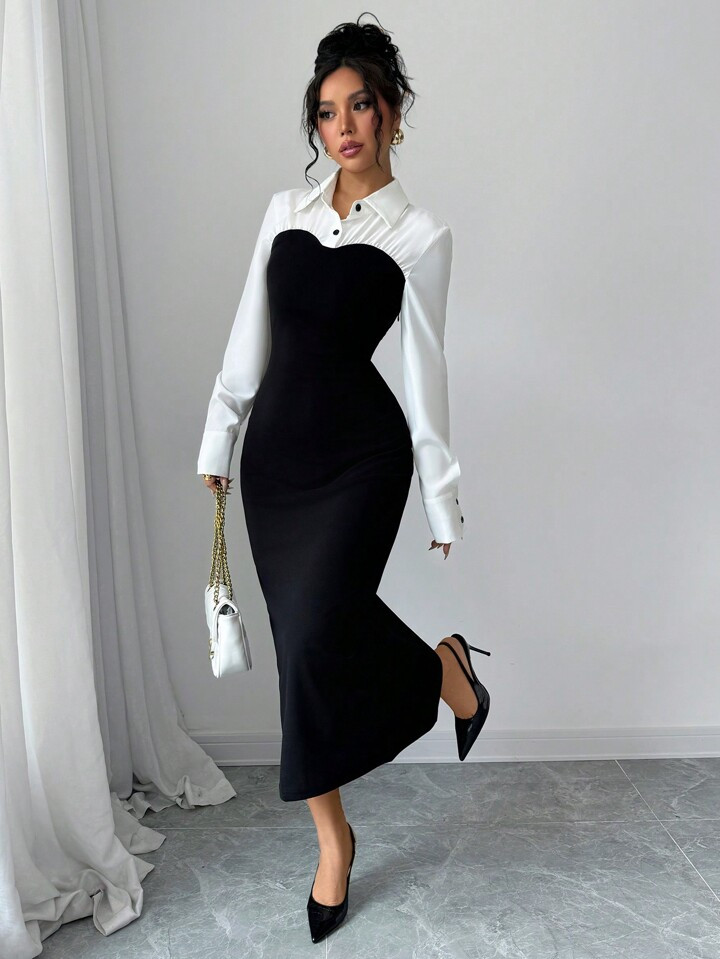 Siren Gaze Women's Elegant And Romantic, 2 In 1 Black And White Color Matching Dress, Long-Sleeved Midi Dress, Perfect For Commuting,Midi Casual Black And White Dress, Simple & Fashionable, Fitted For Everyday Wear, | SHEIN