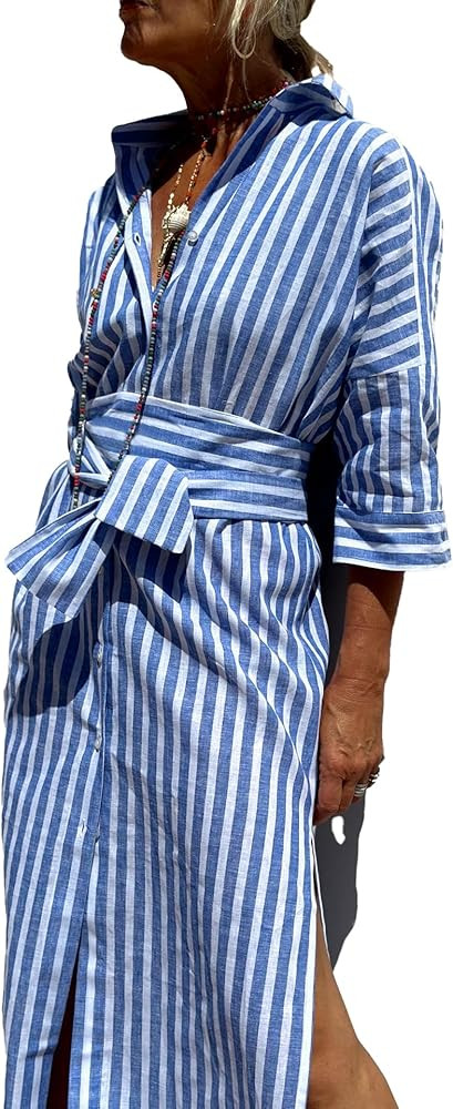 utcoco Womens 2026 Shirt Dress Casual Lapel 3/4 Sleeve Button Down Split Belted Vacation Maxi Dre... | Amazon (US)