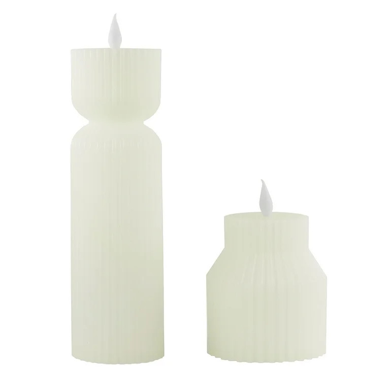 LED Flameless 2 PC  Fluted Figural White Wax Tabletop Candle Set | Walmart (US)