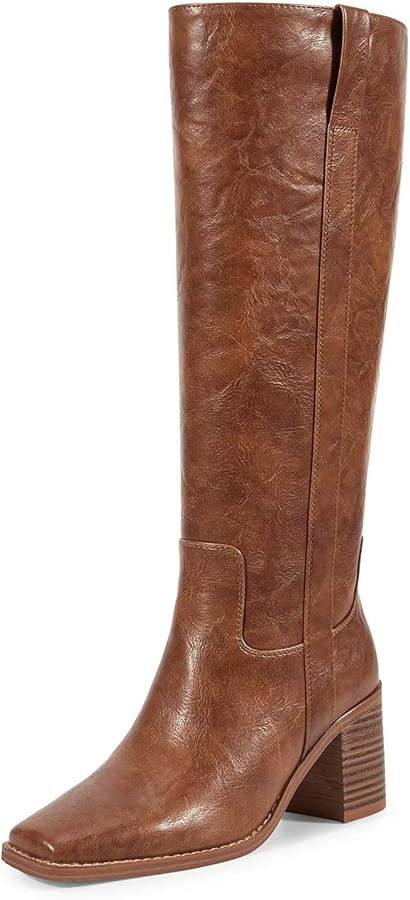 ISNOM Knee High Boots Women Chunky Low Heel Square Toe Elastic Boots Side Zipper Faux Leather Fal... | Amazon (US)