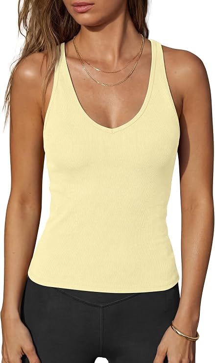 Darong Built-in Bra V Neck Tank Tops for Women | Slim Fitted, Ribbed knit, Removable pads, Soft m... | Amazon (US)