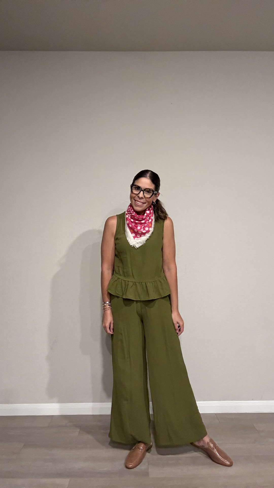 Olive peplum top + wide-leg set 🌿 That pop of color from the polka dot scarf makes the whole look — linking this one plus a few similar options so you can get the same effect! Patent loafers are the perfect neutral finish.

#LTKmomlife #LTKWorkwear #LTKMidsize