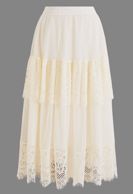 Tiered Lace Panel Mesh Tulle Maxi Skirt in Cream for Beach Weddings & Resort Getaways | Chicwish