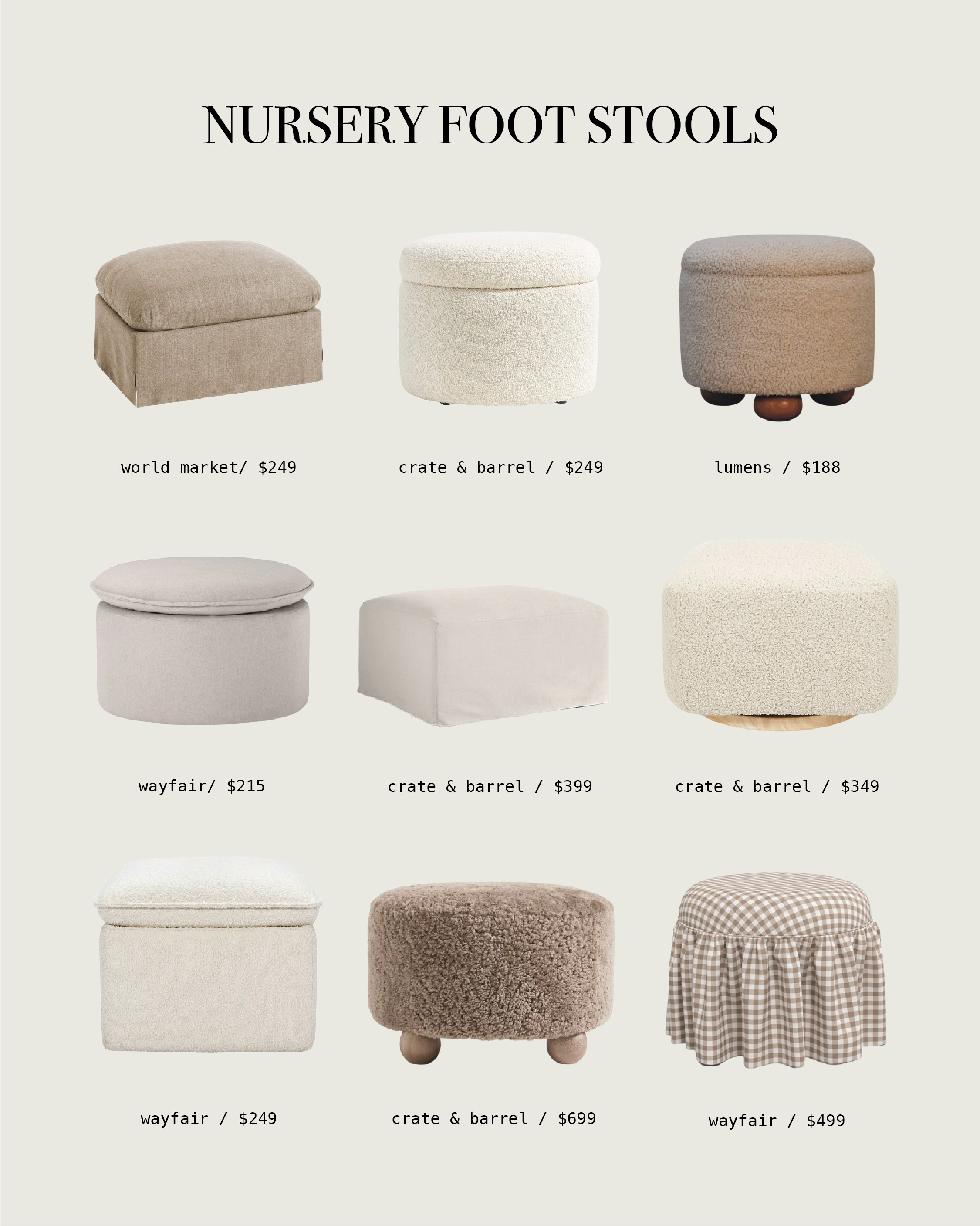 For the ultimate comfort add a foot stool to your nursery. Here are a few I've found on my hunt!

Foot stools. Ottomans. Nursery design. Aesthetic Nursery. Neutral Nursery Design. #LTKNursery #LTKDesign 

 #LTKBaby