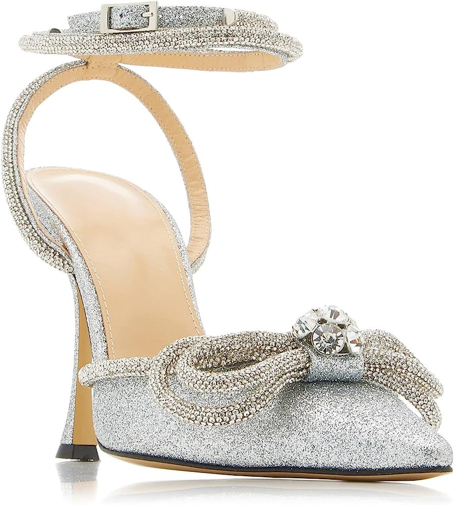 MissHeel Clear Rhinestone Ankle Strap Pumps Heels with Crystal Double Bows 3 inch | Amazon (US)