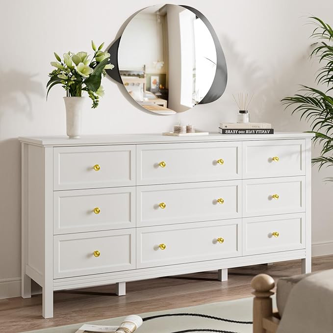 White Dresser for Bedroom with 9 Drawers, 59'' Large Wood Dresser with Gold Handles, Modern Wide ... | Amazon (US)