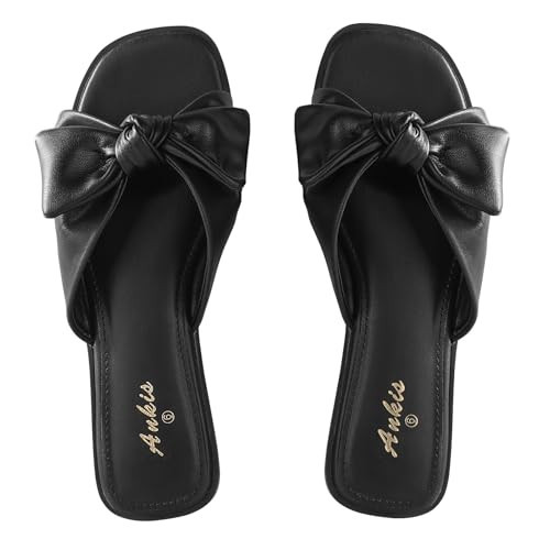 Womens Black Flat Sandals for Women Dressy Comfortable Summer Beach Sandals for Women 2025 Cute Bow Square Open Toe Slip On Slide Sandals Bridal Wedding Shoes | Amazon (US)