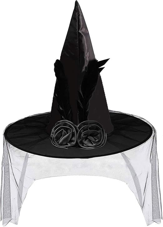 Seasons Stars SSDecor 2020 Halloween Witch Hat with Soft Lace Mesh Rose Flower and Feather, Hallo... | Amazon (US)