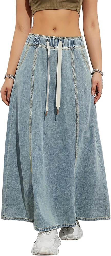Womens Denim Skirt Casual High Waist Paperbag Elastic A Line Long Maxi Flare Skirt Summer Beach J... | Amazon (US)