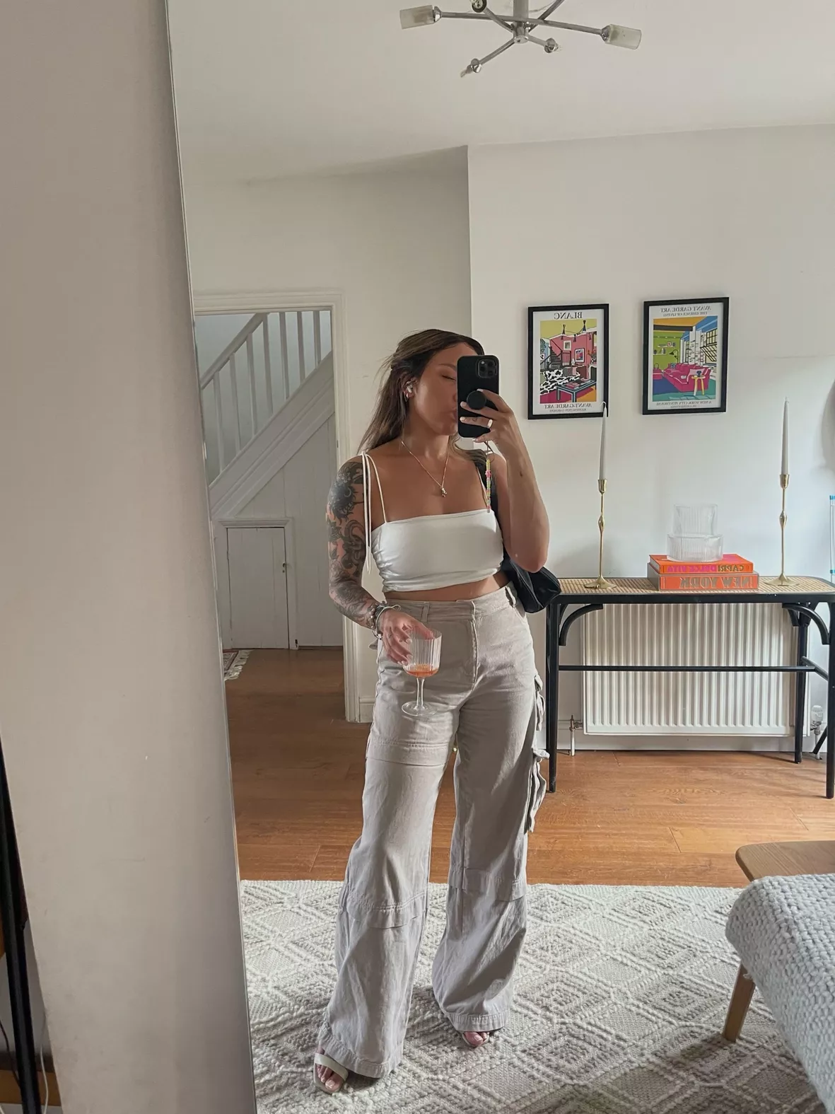 Work Outfit Idea: Bright Cami, Cropped White Pants, and Strappy