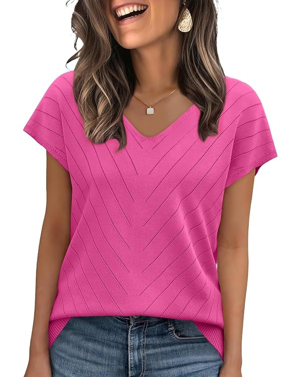 WIHOLL Short Sleeve Sweater for Women V Neck Trendy Summer Tops 2026 Beach Vacation Clothes Trave... | Amazon (US)
