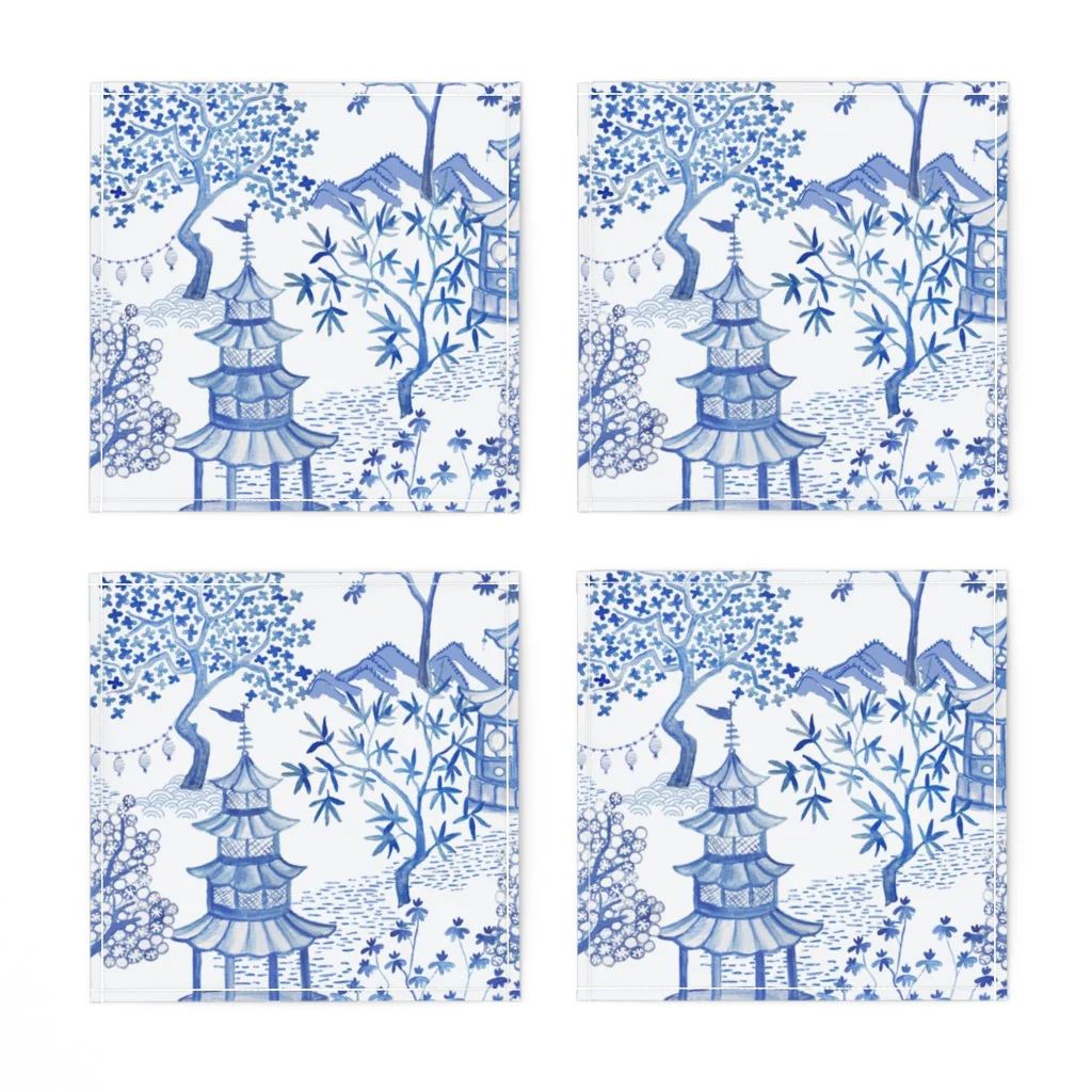 Linen Cotton Canvas Cocktail Napkins (Set of 4) - Pagoda Forest Blues Cloud Chinoiserie Toile Lan... | Walmart (US)