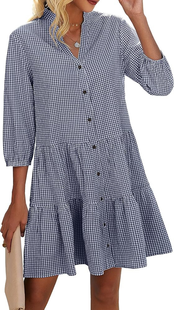 CCTOO Women's Summer Dresses Casual V Neck Button Down 3/4 Sleeve Floral Print Loose Flowy Shirt ... | Amazon (US)
