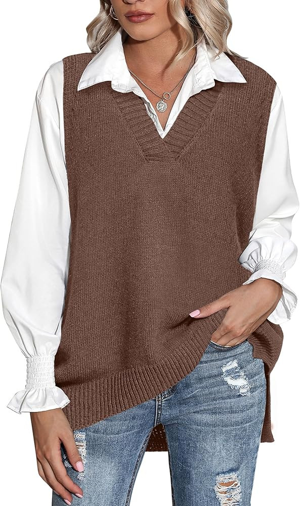 Zeagoo Sweater Vest Women Sleeveless V Neck Oversized Pullover Knitted Tops 2026 Fall Outfits | Amazon (US)