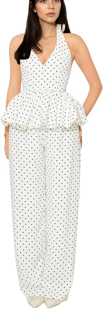 Women’s Polka Dot 2 Piece Set Ruffle Hem Peplum Halter Top and Pants Lounge Set Summer Vacation... | Amazon (US)