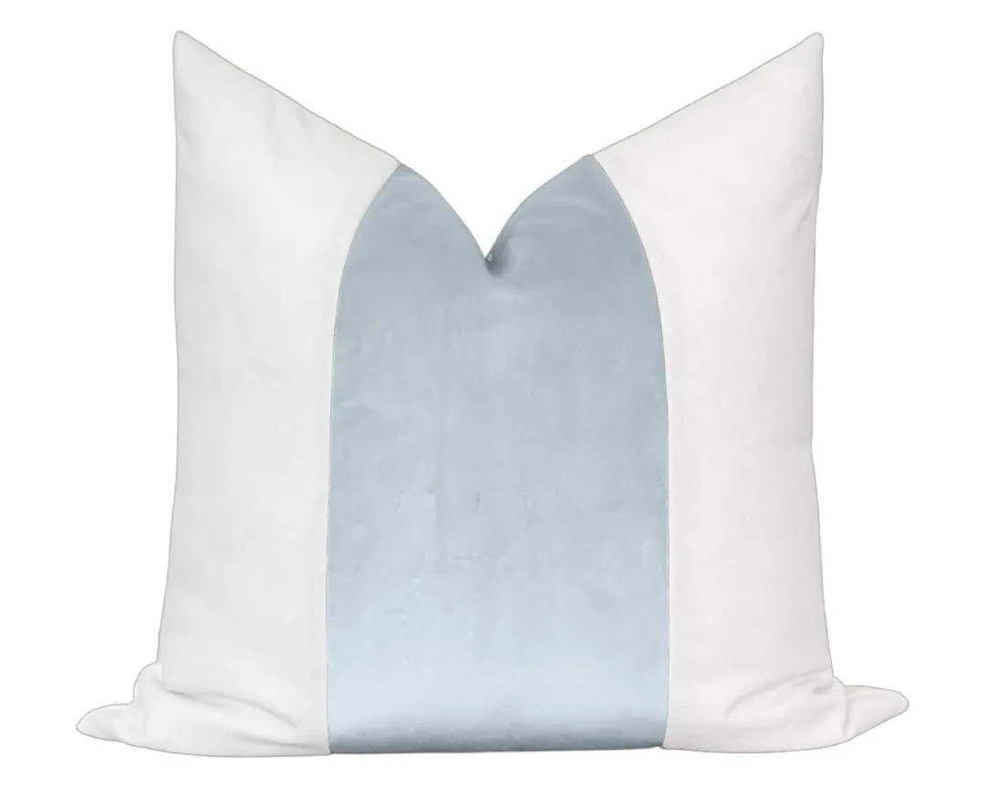 Spa Blue Velvet Pillow Cover – Soft Textured White Linen Accent – Light Blue Throw Cushion Sl... | Etsy (US)