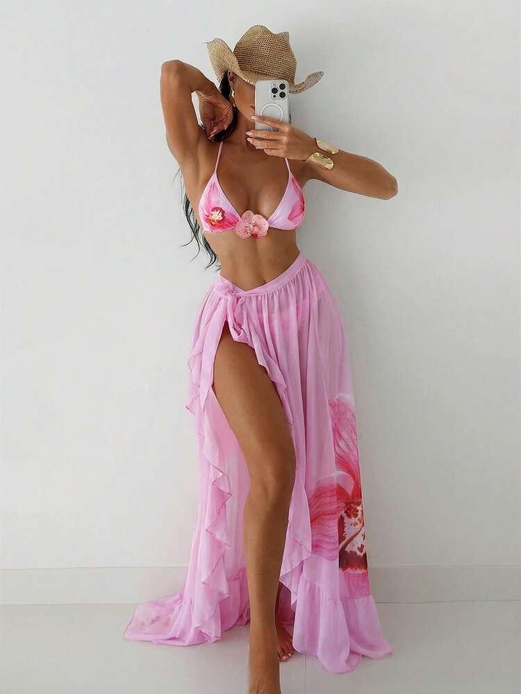 Swim SXY 3pcs/Set Women's Summer Beach Swimsuit, Pink Floral Print Halter Top, Bikini Bottoms, And Maxi Skirt, Sexy Swimming Costume Beach Skirt Set Sexy Beach Dress Birthday Dress Sexy Summer Three Piece Cover Up Bikini With Cover Upspring Dress Womenspring Dresselegant Party Dresses For Womencasual Dresses For Womenspring Outfit | SHEIN
