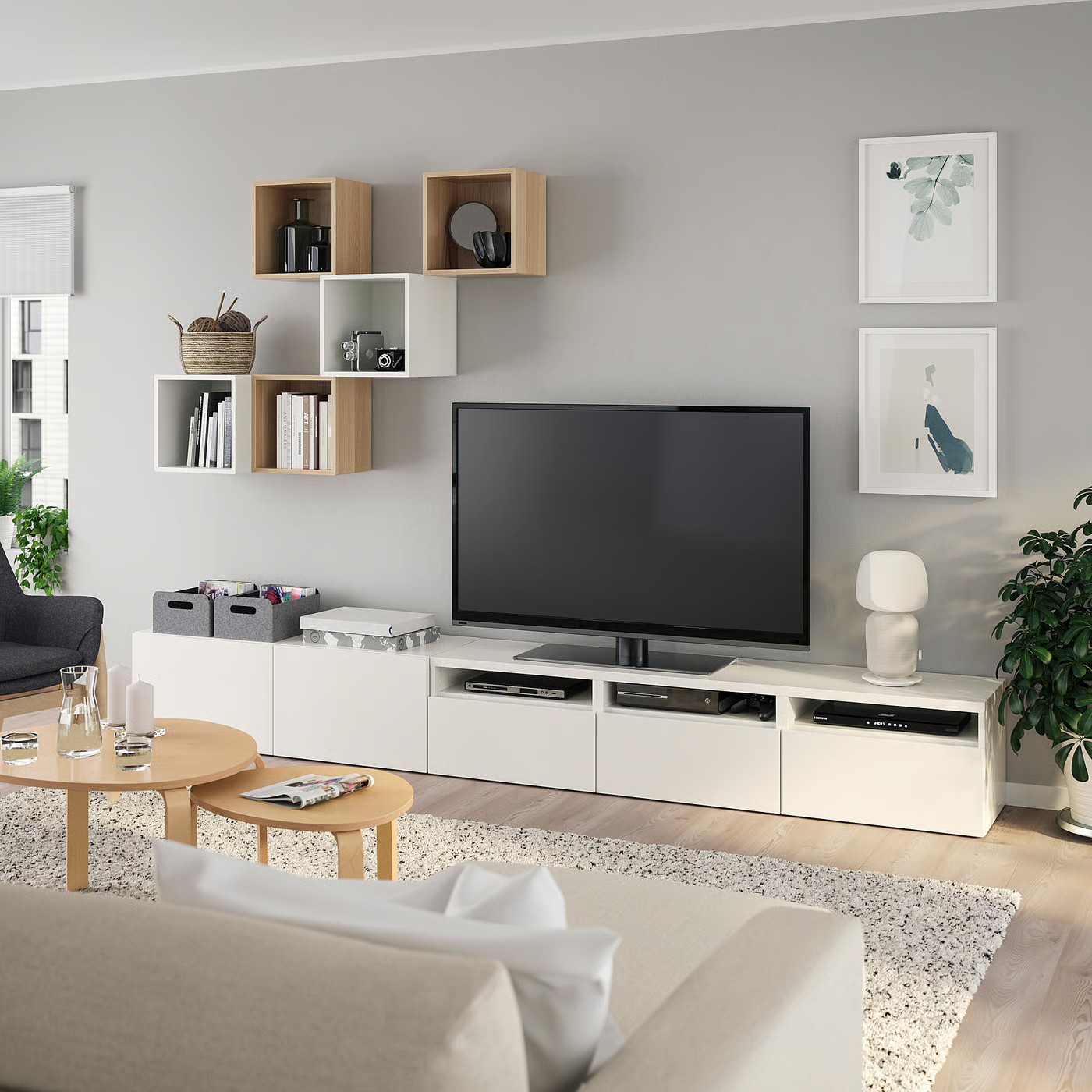 IKEA BESTÅ / EKET TV storage combination, white/white stained oak effect, 118 1/8x16 1/2x82 5/8 | IKEA US