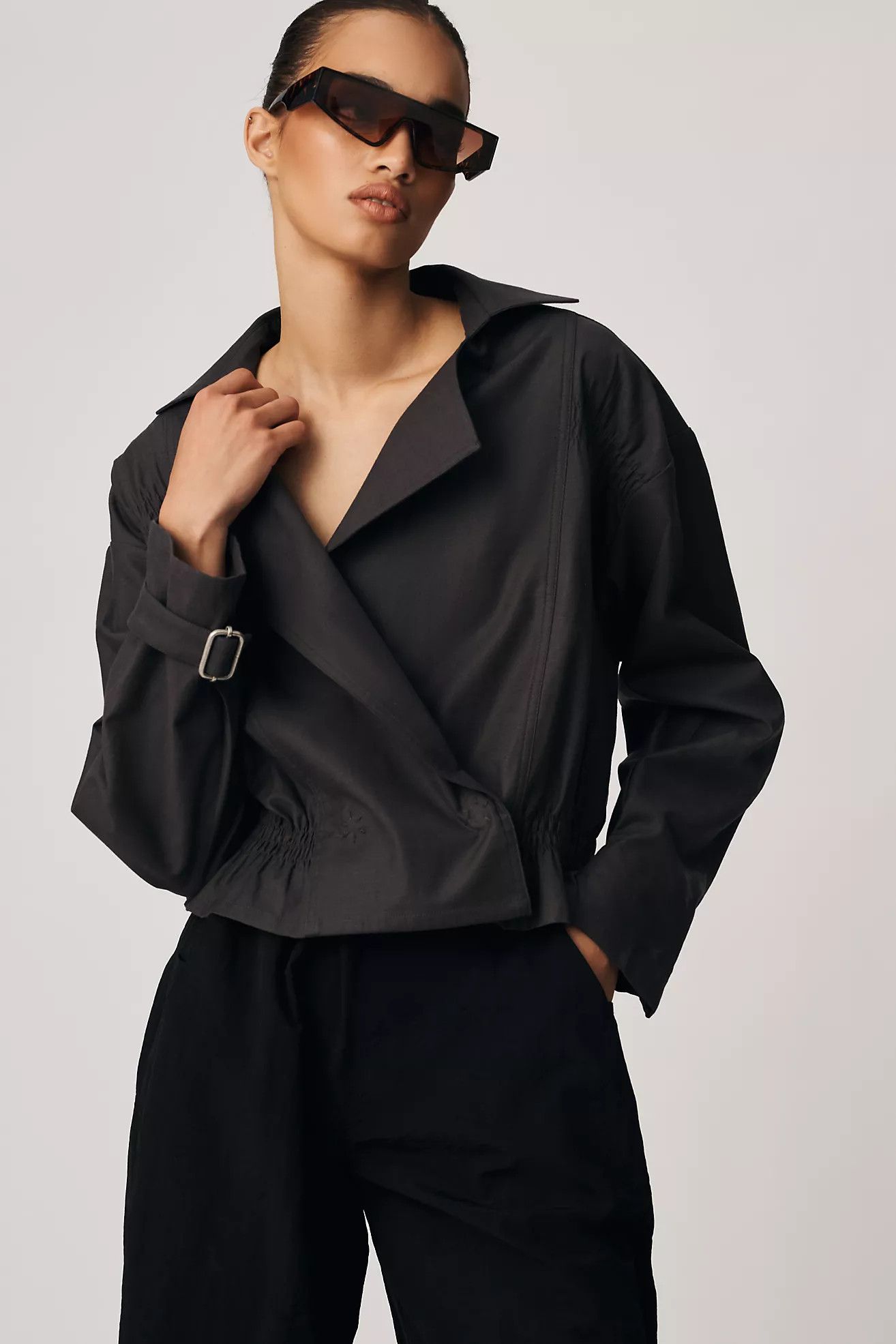 By Anthropologie Cropped Ruched-Sleeve Moto Jacket | Anthropologie (US)