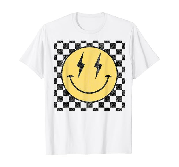 Retro Happy Face Shirt Checkered Pattern Smile Face Trendy T-Shirt | Amazon (US)