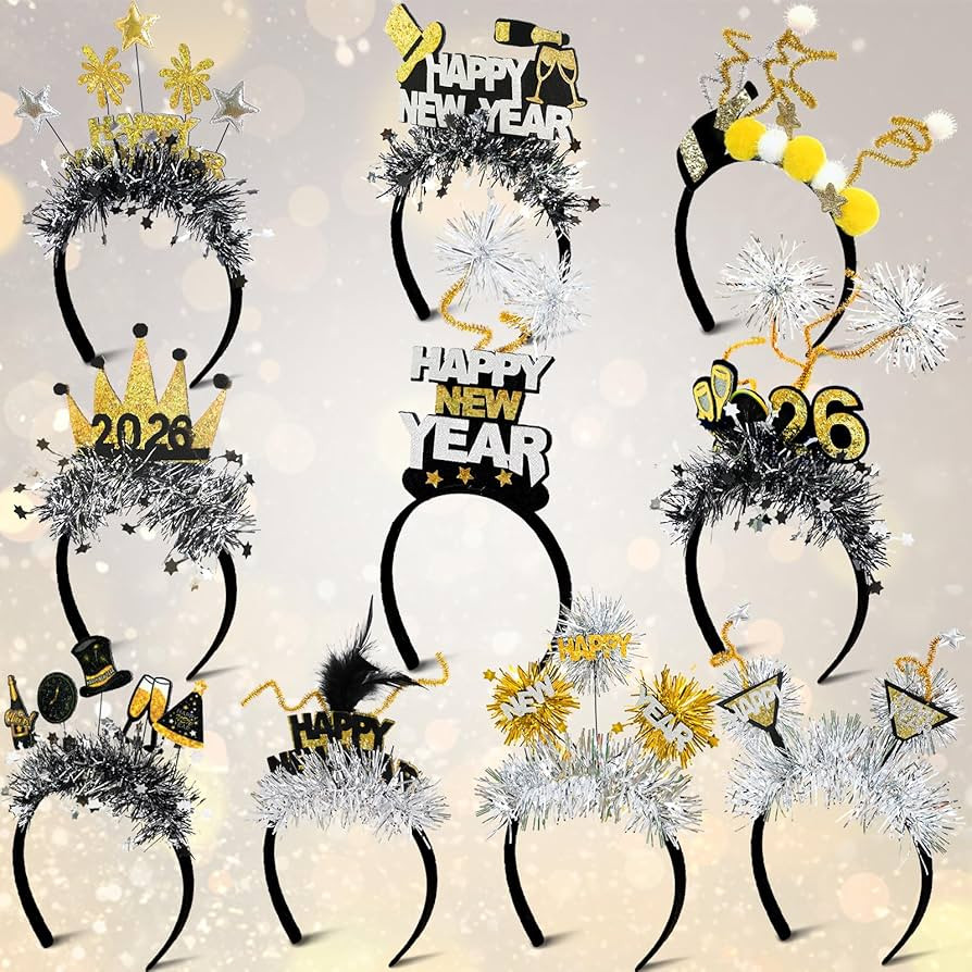 Mega-L 10Pcs New Year Headbands, 2026 Happy New Year Party Supplies Favors, Gold Black Silver Hea... | Amazon (US)