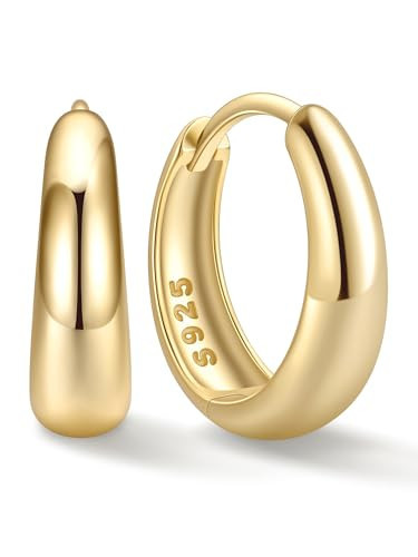 ChicSilver 14K Gold Plated Chunky Hoop Earrings, 925 Sterling Silver Thick Small Gold Hoops, Lightweight 12mm Hoop Earrings | Amazon (US)