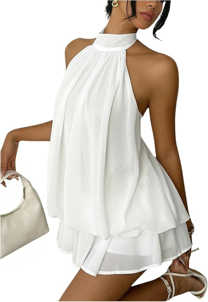 Verdusa Women's Chiffon Halter Drop Waist Wedding Guest Dresses Ruffle Summer Loose Fit Mini Dres... | Amazon (US)