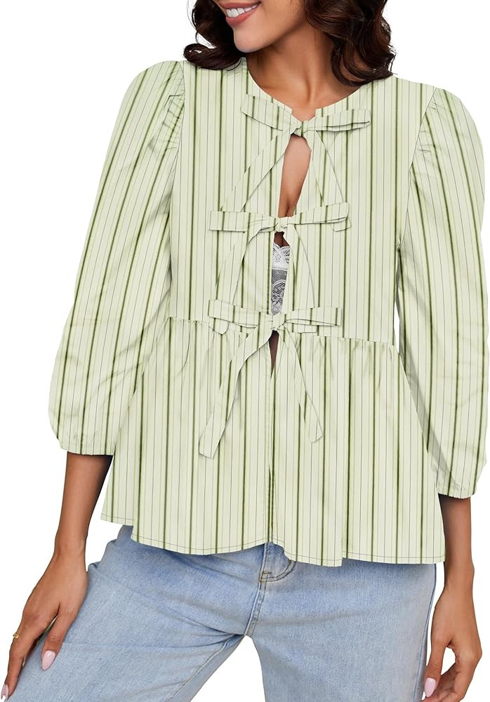 Rapbin Tie Front Tops for Women 3/4 Puff Sleeve Peplum Blouse Summer Cute Ruffle Hem Babydoll Bow... | Amazon (US)