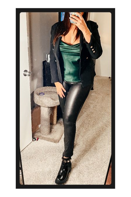 holiday party - kept it black & added some winter deep green 🖤

silk cami 
faux leather pants
Gucci boots
Black blazer 

#LTKcurves #LTKstyletip #LTKHoliday