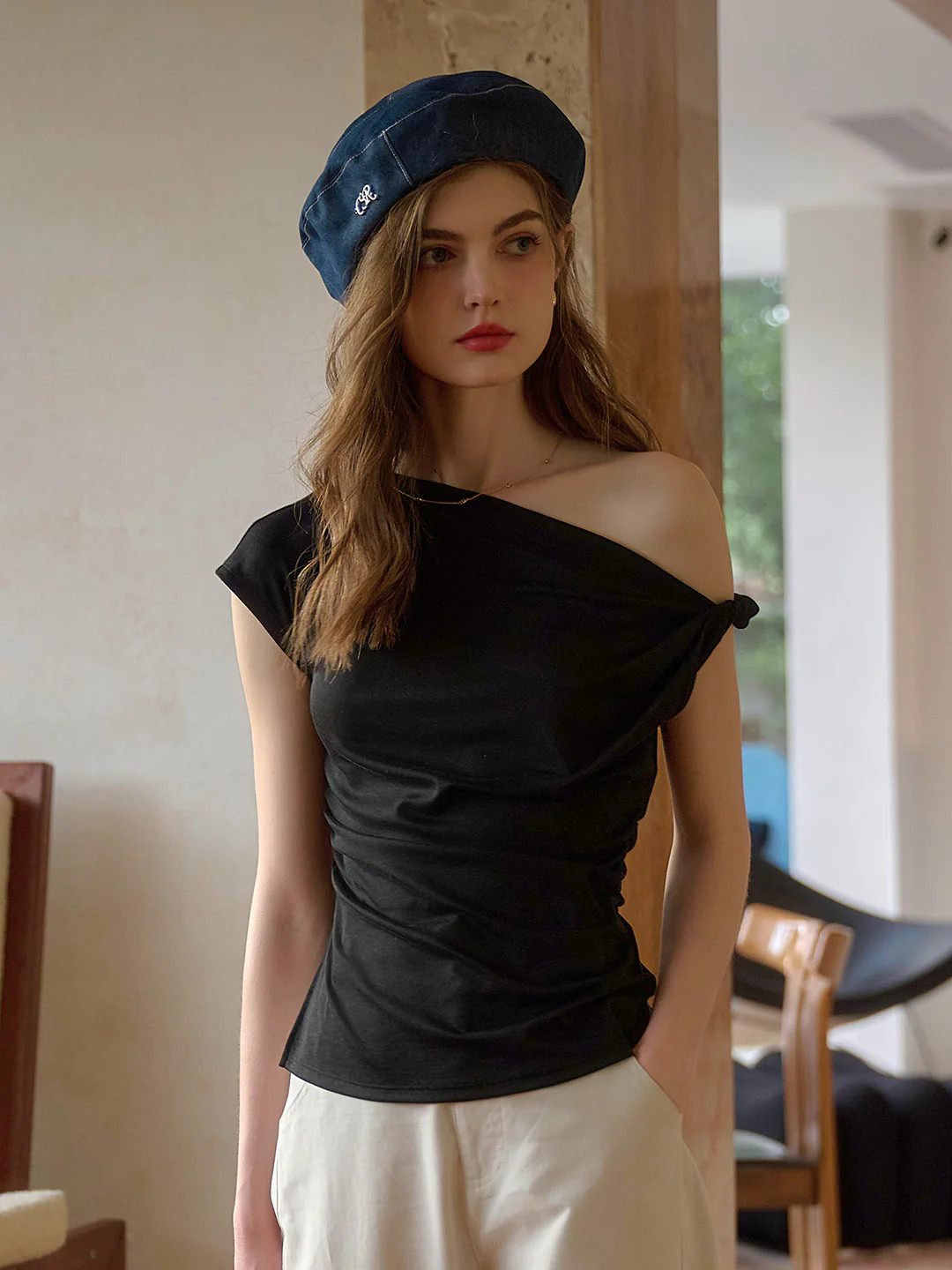 Andrea Off-shoulder Waist Lyocell Top | SimpleRetro