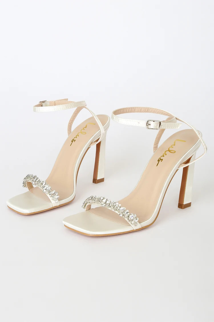Goldiena White Satin Rhinestone Ankle Strap Heels | Lulus