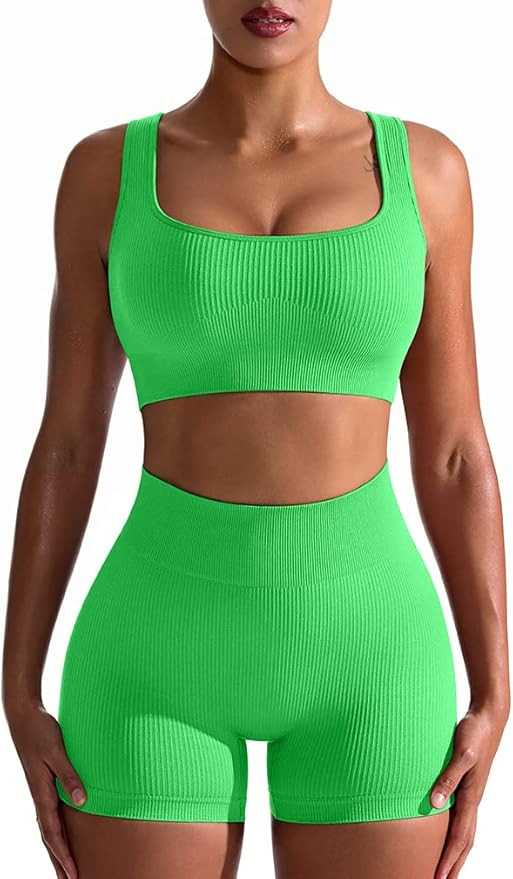 OQQ Workout Outfits for Women 2 Piece Seamless Ribbed High Waist Leggings with Sports Bra Exercis... | Amazon (US)