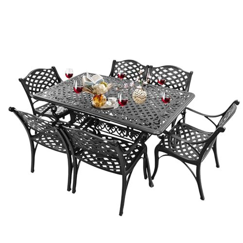 PATIO-IN 7 Piece Patio Dinning Set, Outdoor Cast Aluminum Dinning Set, All Weather Outdoor Dining Set for Garden, Include 6 Chairs and 1 Round Patio Table with Umbrella Hole, Black | Amazon (US)