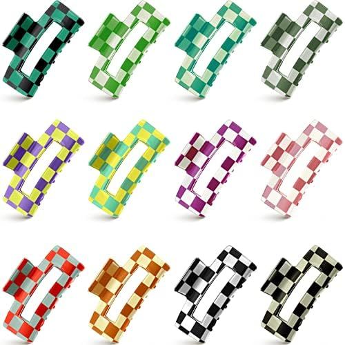 12 Pieces Hair Claw Clip 3.2 Inch Multicolored Checkered Hair Clips Nonslip Plaid Rectangle Claw ... | Amazon (US)