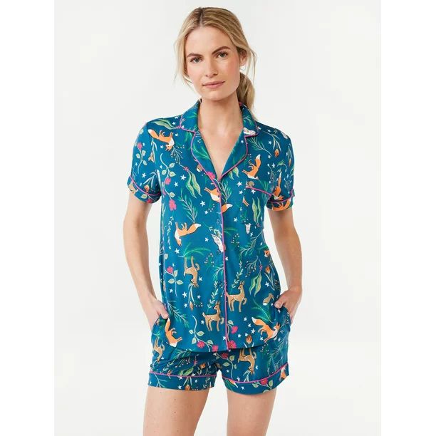 Joyspun Women's Print Notch Collar Top and Shorts Pajama Set, 2-Piece, Sizes S to 3X | Walmart (US)