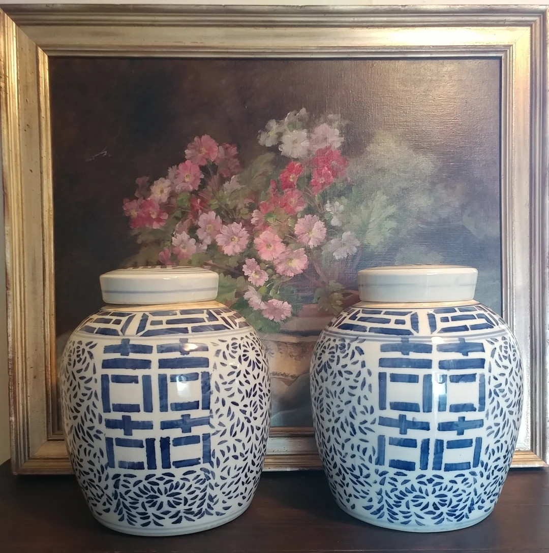 Vintage Double Happiness Hand Crafted Blue and White Ginger Jars A PAIR - Etsy | Etsy (US)