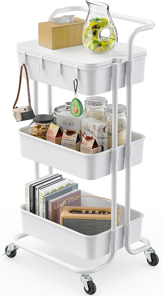 Pipishell 3 Tier Rolling Cart with Table Top, Utility Cart with Wheels & 4 Hooks, Rolling Storage... | Amazon (US)