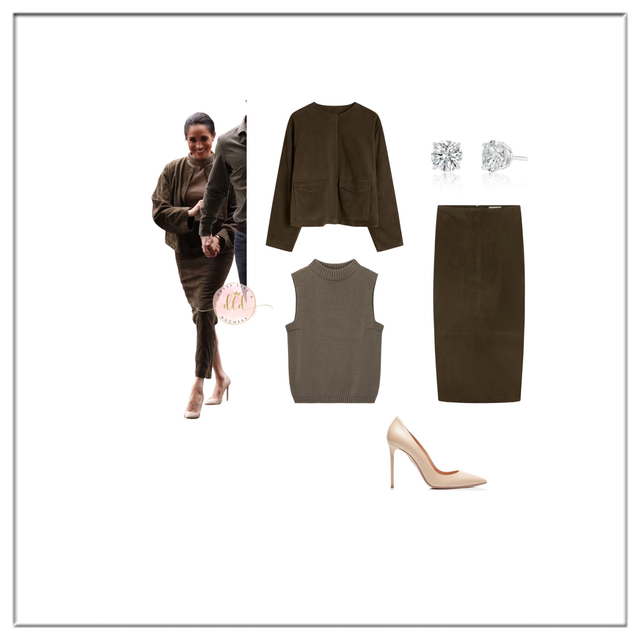 4/14/26 Meghan Markle at the Australian National Veterans Arts Museum. Wearing khaki suede set by Australian-based design studio St Agni — the Utility Cocoon Bomber and matching Column Suede Skirt + P. Johnson sweater + Aquazzura purist 105 pumps + Real Fine Diamond studs 
