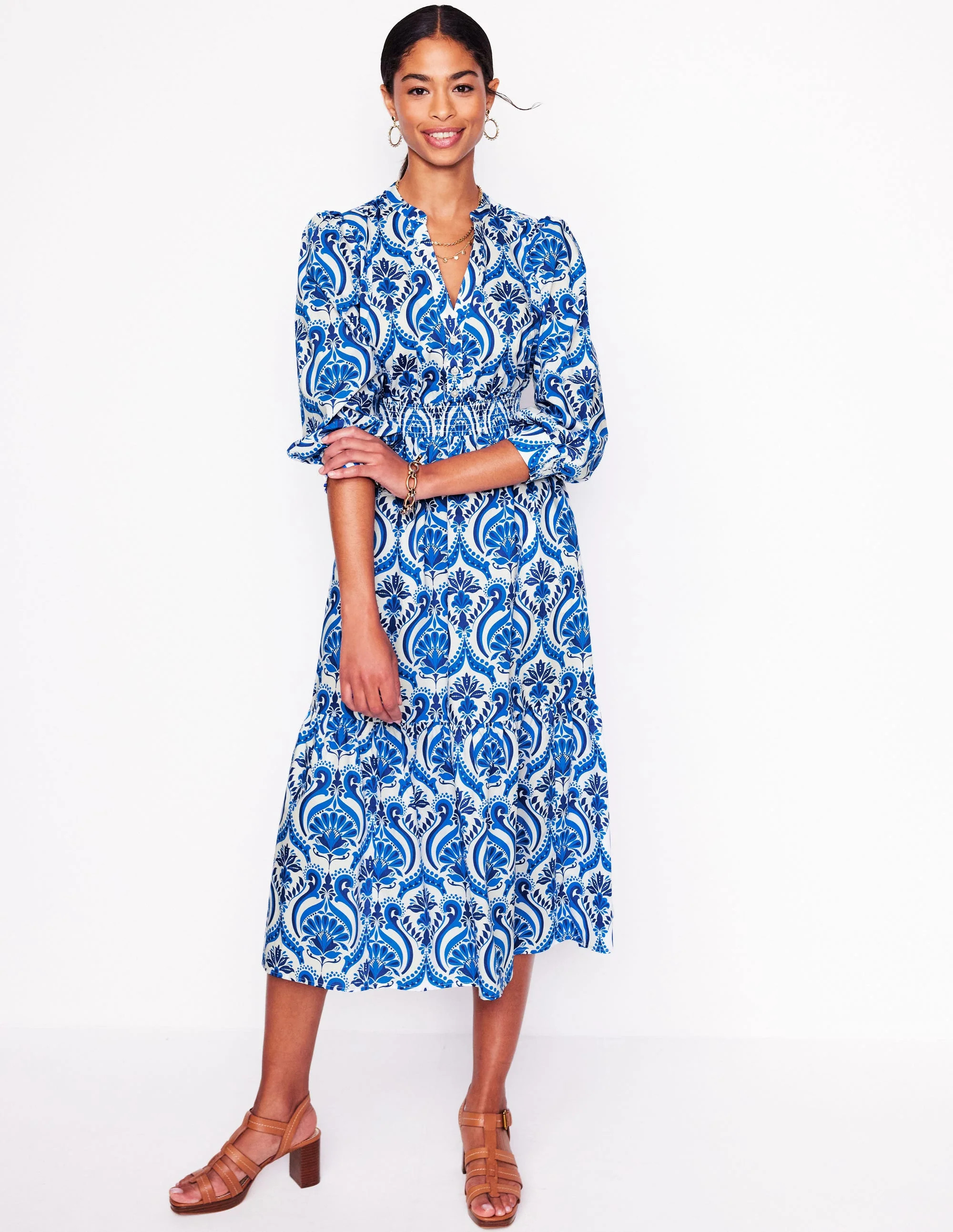 Elena Tiered Cotton Midi Dress-Blue, Ornamental Floral | Boden (US)
