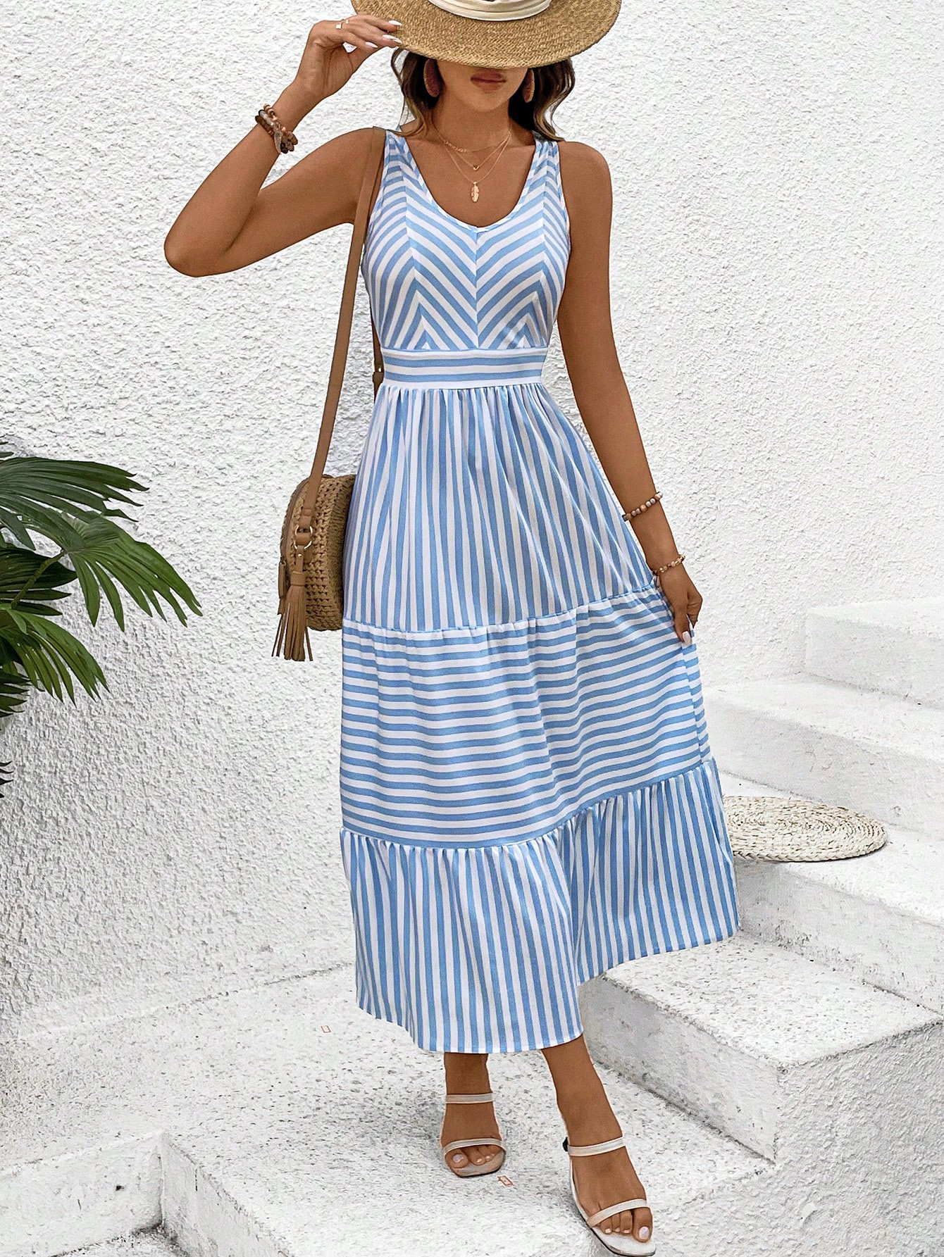 SHEIN VCAY Women'S Striped Asymmetrical Hem Sleeveless Dress | SHEIN