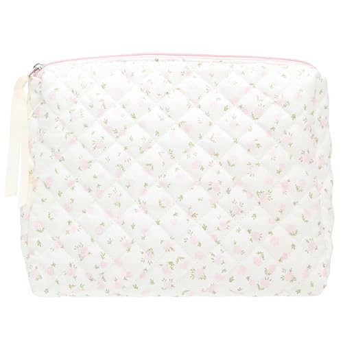 Quilted Makeup Bag Large Travel Zipper Soft Cosmetic Pouch for Women Girls Make Up,Little Flower Pink | Amazon (US)