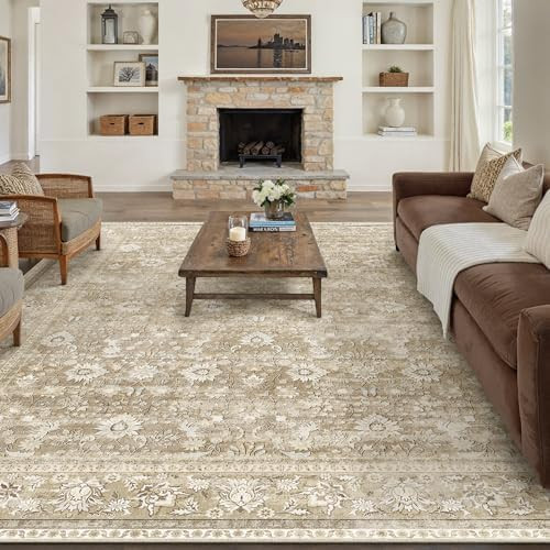 HUGEAR 8x10 Machine Washable Rugs Beige Hallway Large Area Rug Indoor Accent Rug Floral Low Pile ... | Amazon (US)