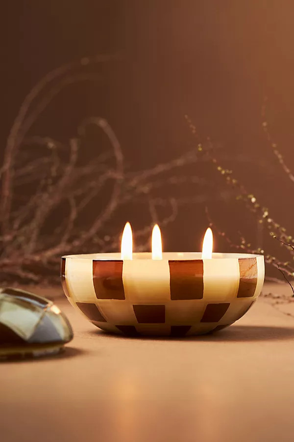 Reese Woody Cedar Leaf & Oak Checkered Glass Candle | Anthropologie (US)