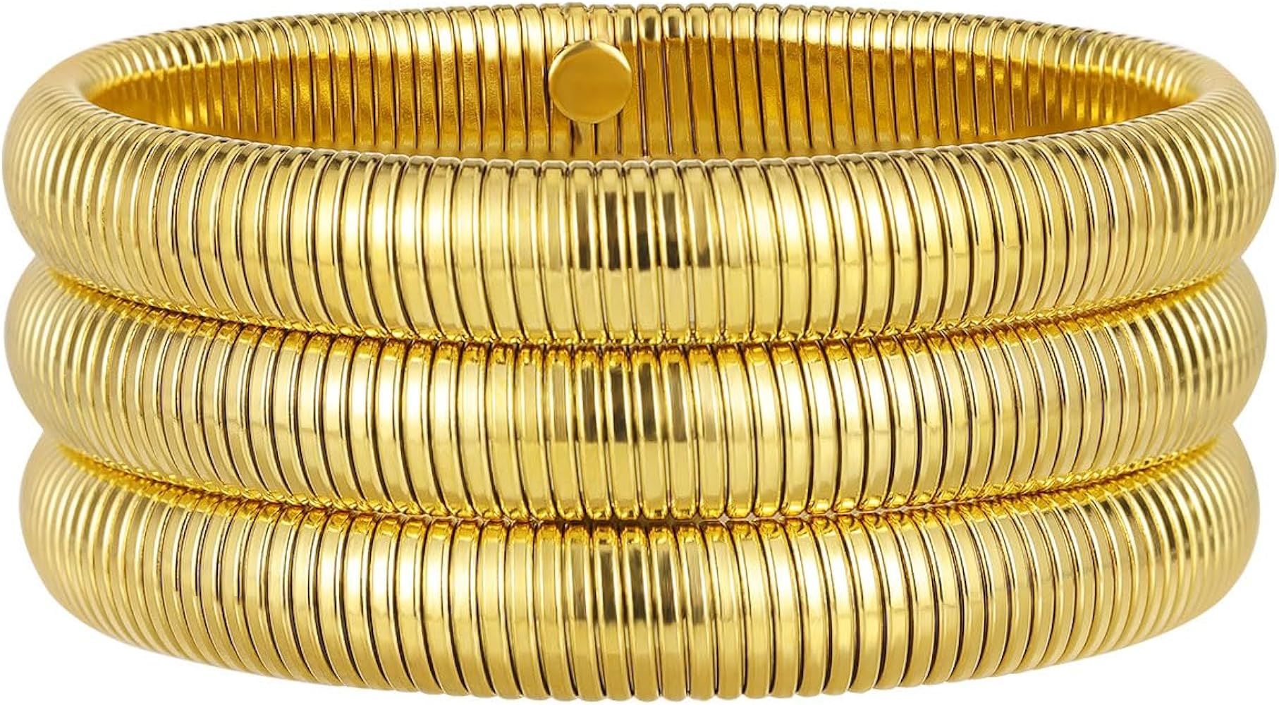 Emibele Gold Bangle Bracelet Set for Women 3Pcs, 18K Gold Plated Chunky Titanium Non Tarnish Stre... | Amazon (US)