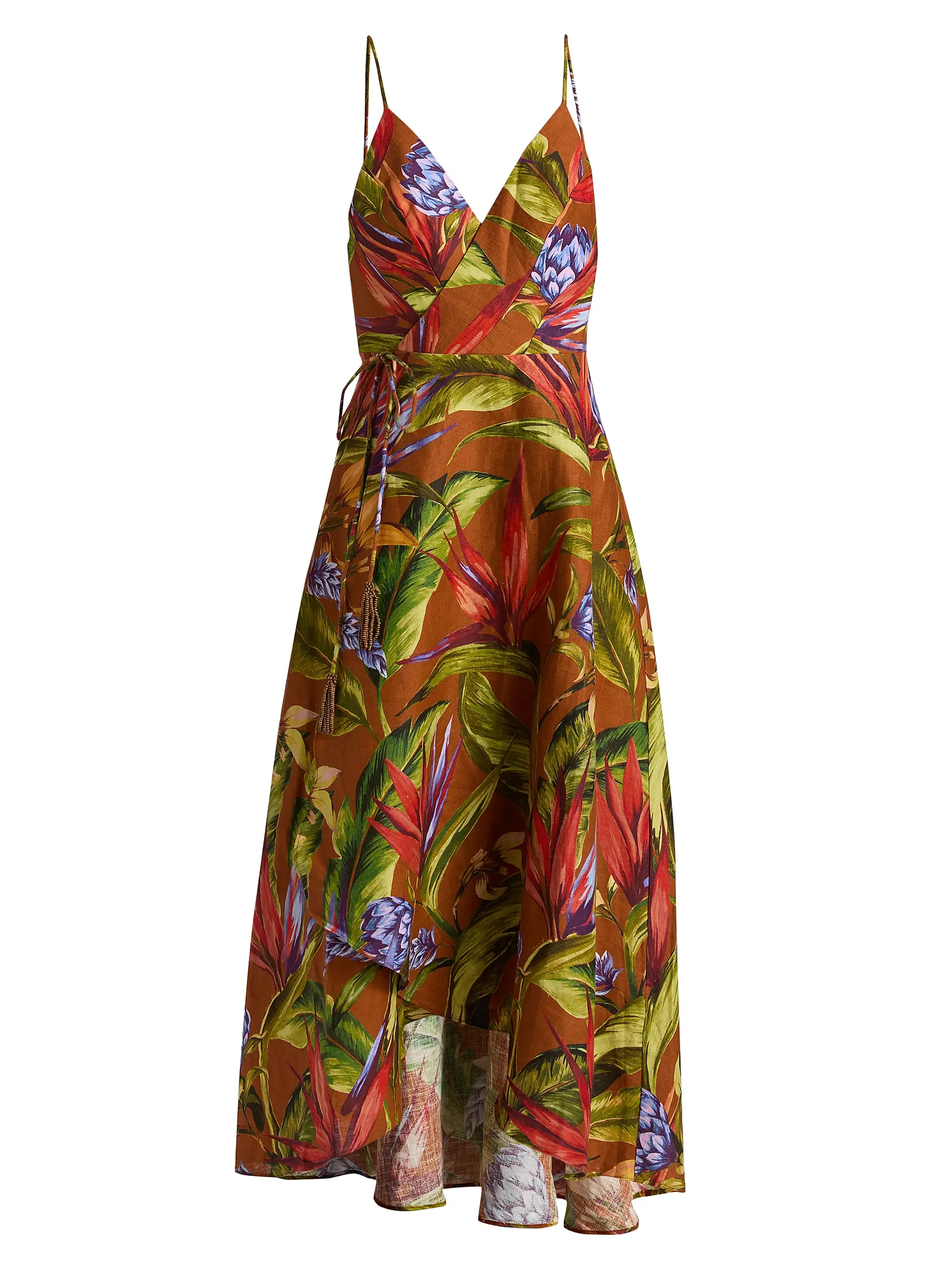 Farm Rio Floral Linen A-Line Midi-Wrap Dress | Saks Fifth Avenue | Saks Fifth Avenue